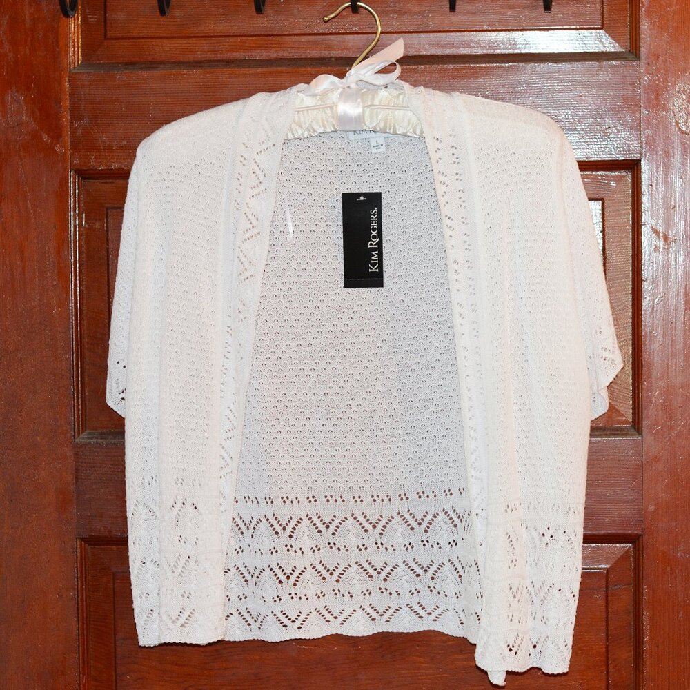 Kim Rogers White Crochet Cardigan Open Front Made in USA